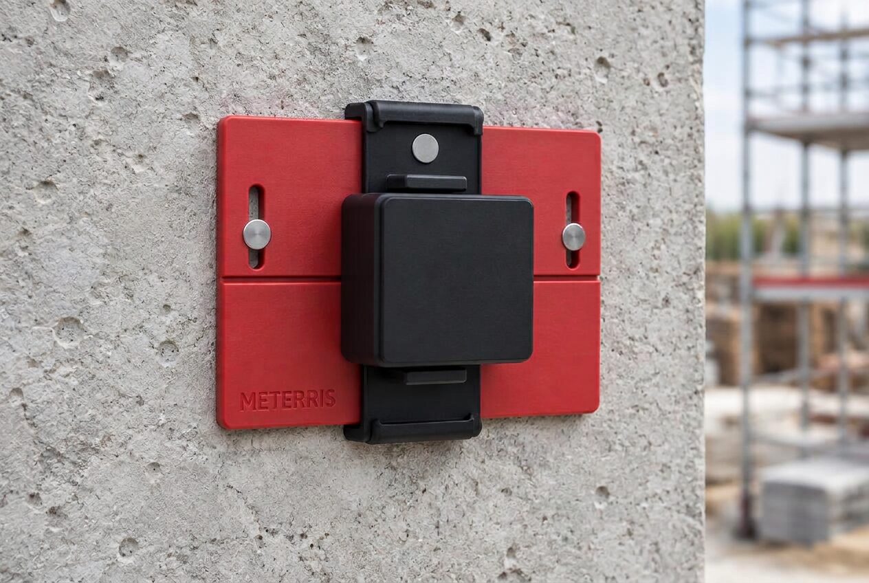 Roter Kunststoff-Meterriss mit dünner Konterplatte, deren Halter oben und unten um das Schild greifen, mittig auf der Kerbe sitzend, mit Stecknasen und schwarzem EBEN Sensor