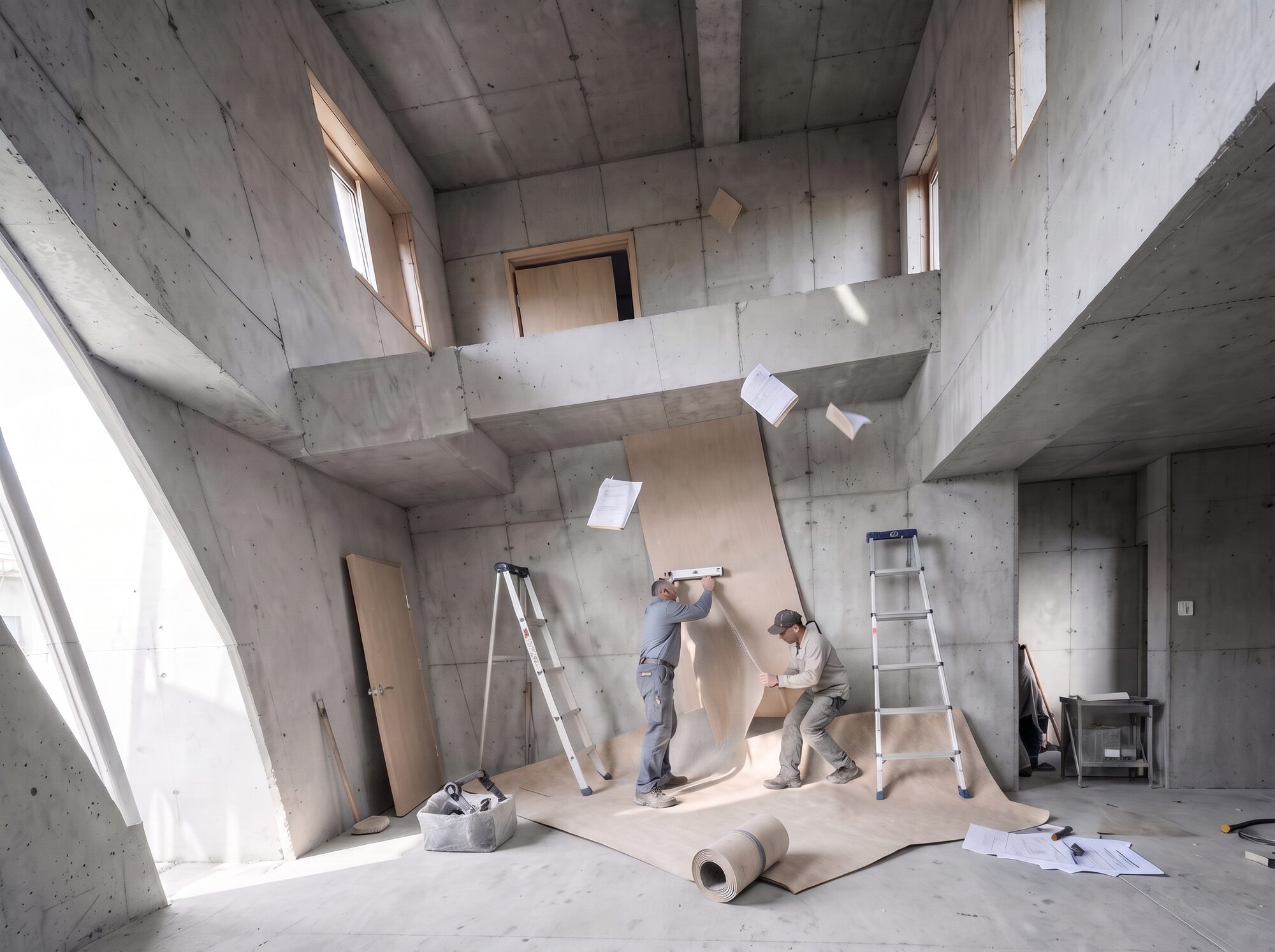 Baustelle in Schieflage: schräge Geschossdecken, Arbeiter und Material rutschen ab